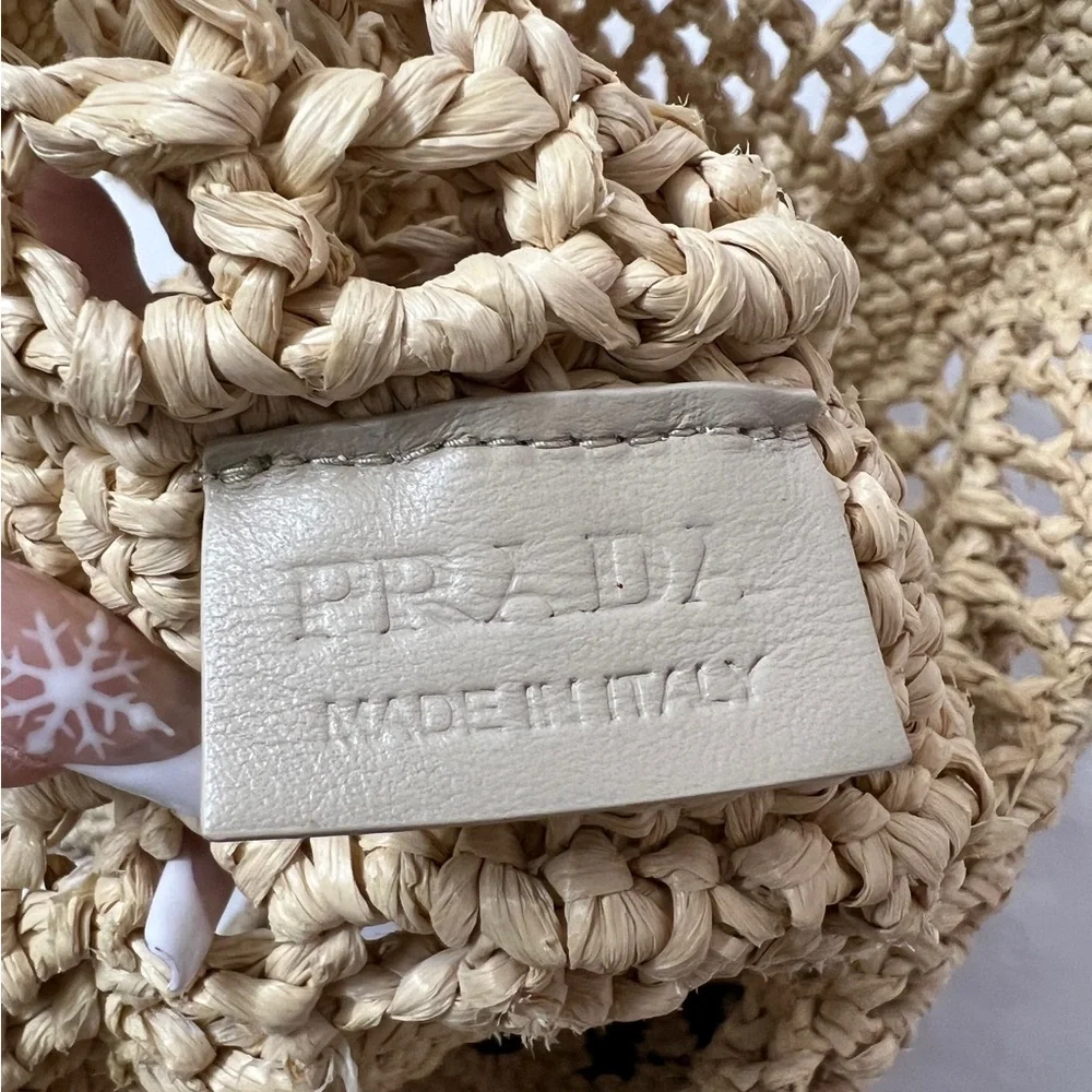 Prada Beige Crochet Tote Bag with Black Logo